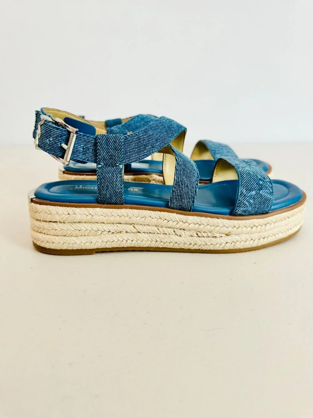 NEW MICHAEL KORS DENIM STRAPPY PLATFORM SANDALS 7.5M